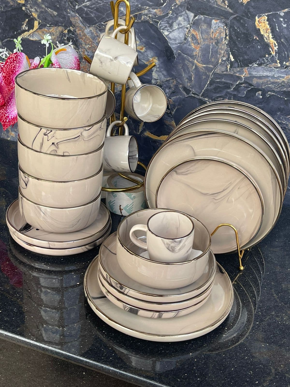 24PCS Marble Ceramic Dinner Set — Modern, Classy & Microwave Safe!