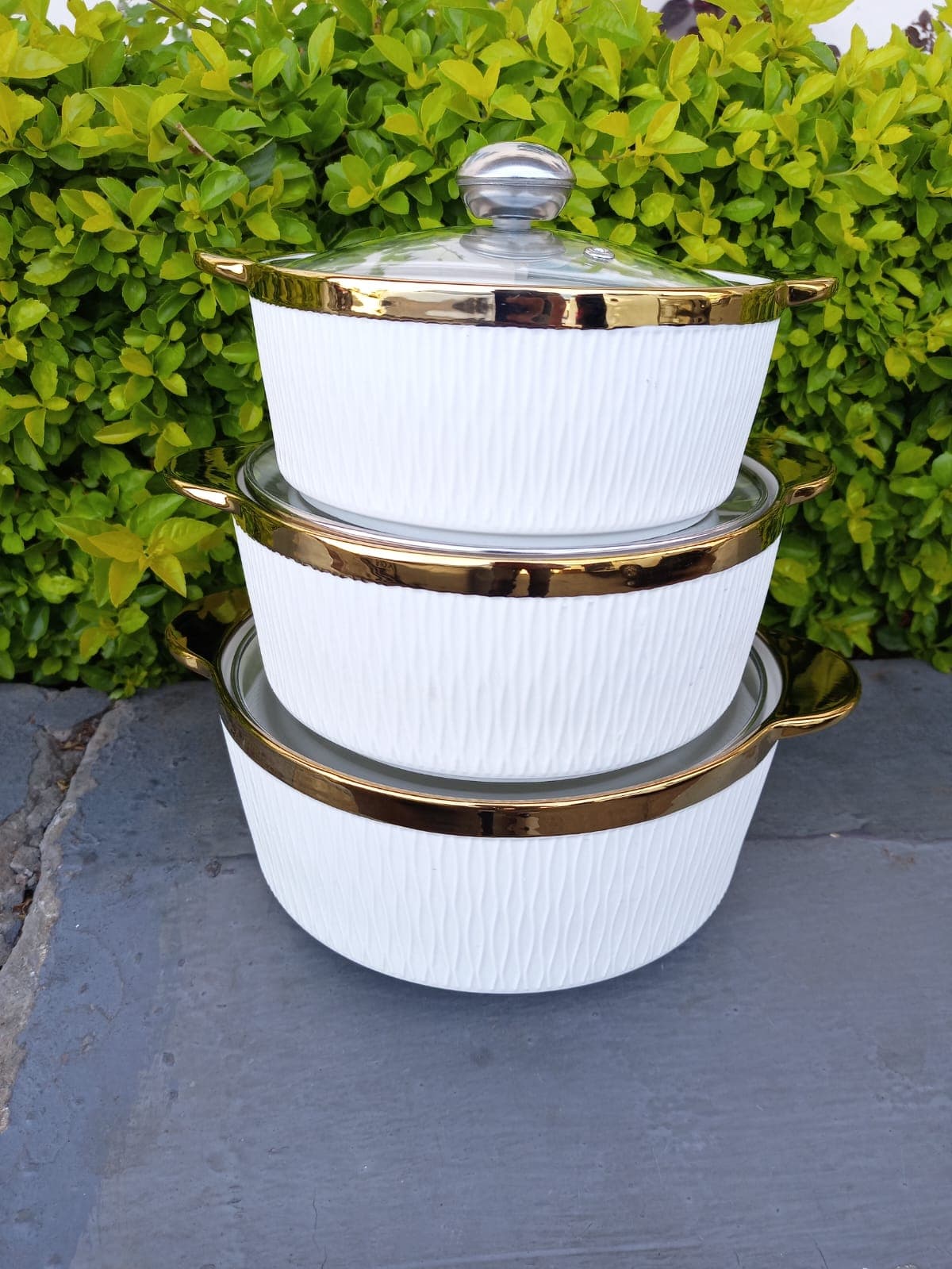 Gold-Rimmed Ceramic Serving Pot — 3pcs Set