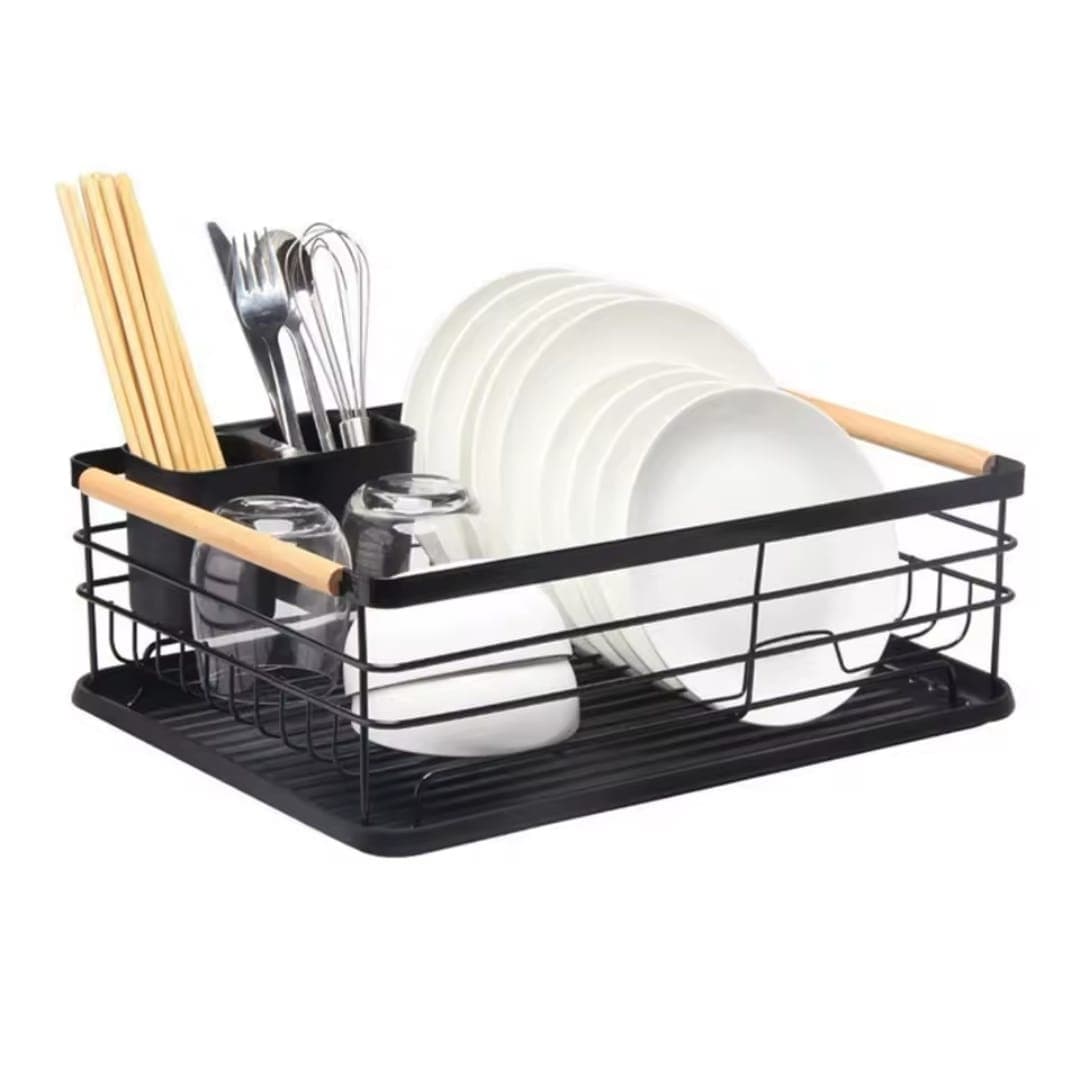 Single Layer Carbon Steel Dishrack with Bamboo Handle