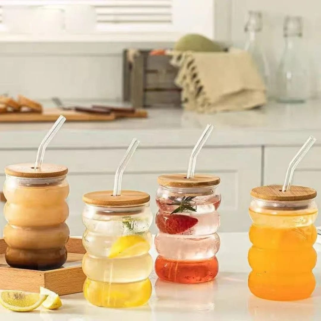 Beehive Pattern Glass Tumbler with Bamboo Lid