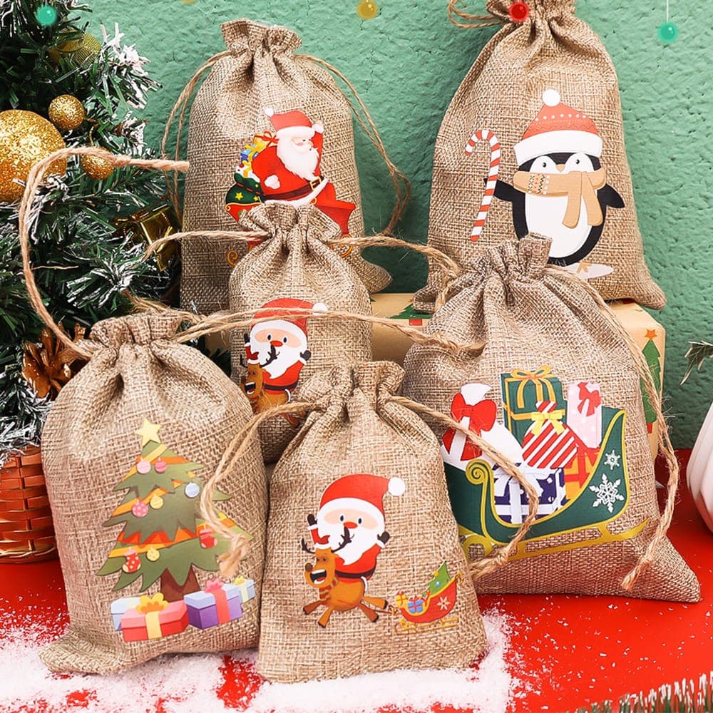 Christmas Linen Drawstring Bags Candy Biscuits Pouchs Burlap Bracelet Jewelry Storage Bags Xmas Kids Gift Packaging Bags